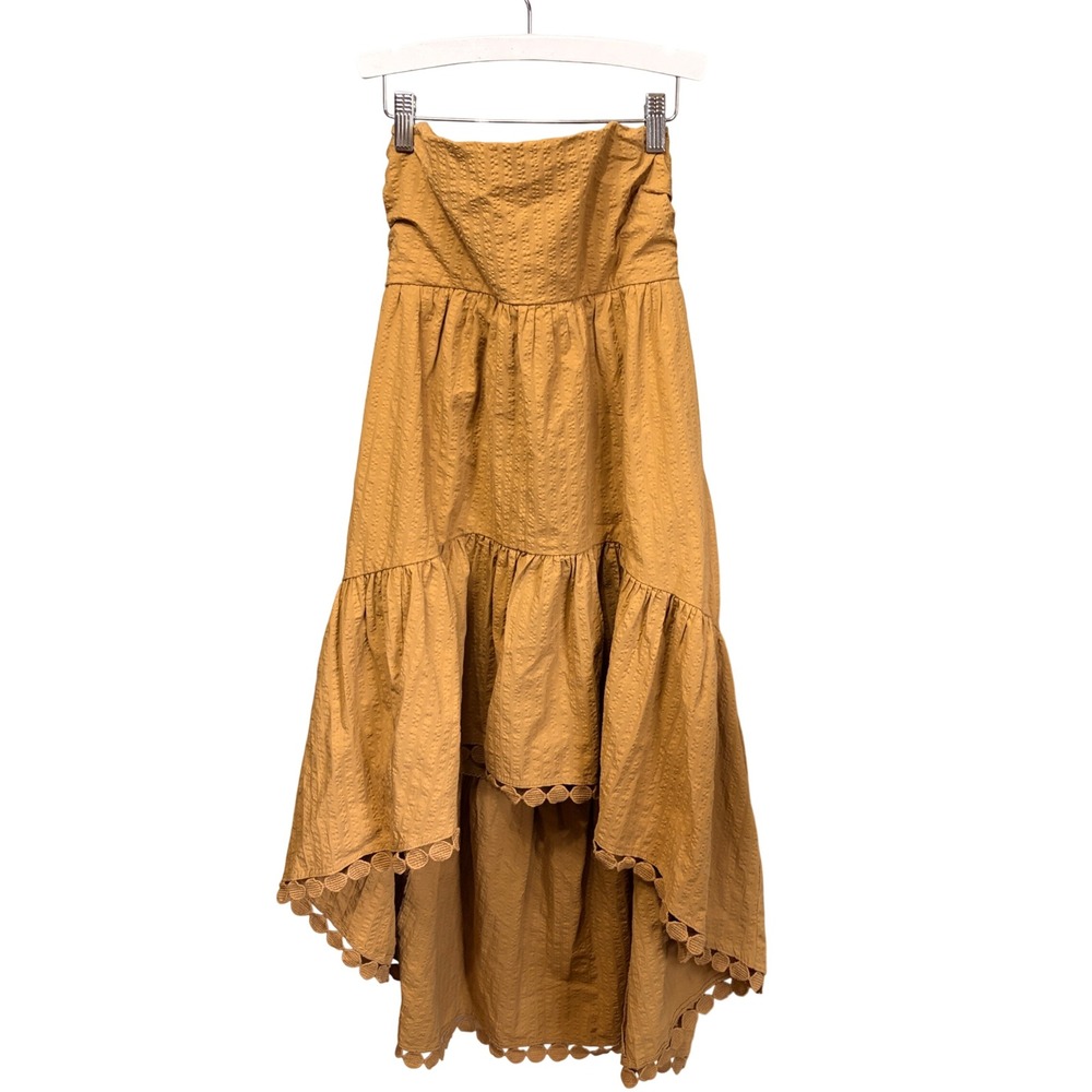 Maeve Anthropologie Mustard Yellow Strapless High-Low Tiered Dress Petite Small